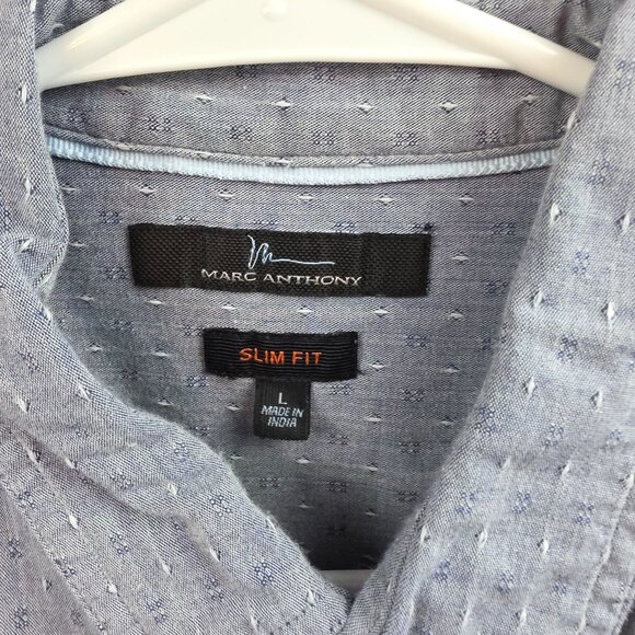 Marc Anthony Slim Fit Men Short Sleeve Button-Up Shirt Size L Blue Dotted Cotton - Picture 6 of 7